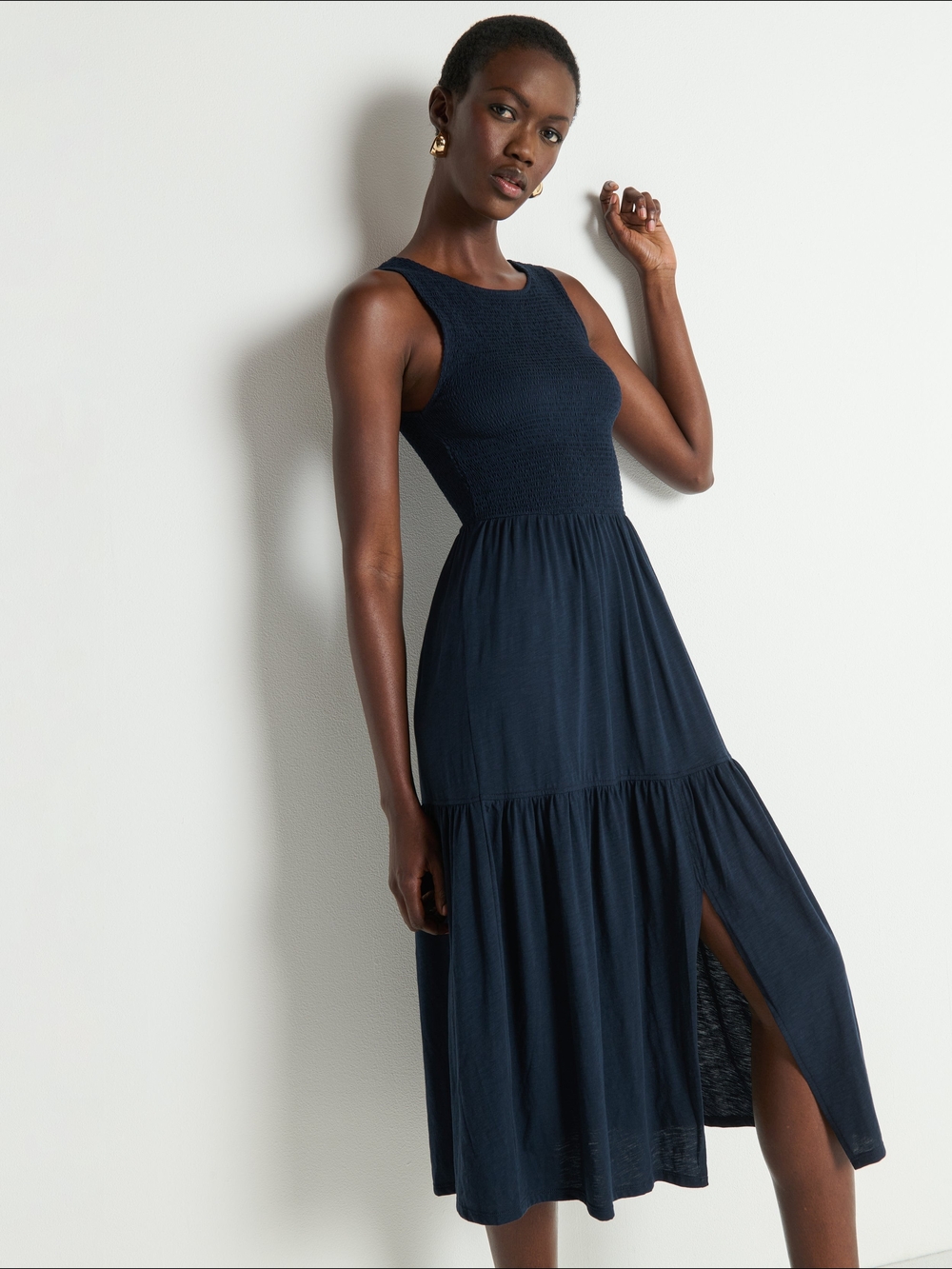 Anthropologie Nation LA Navy Smocked Tank Midi Dress with Side Slit